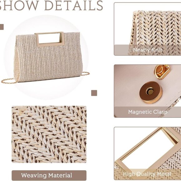 Women Straw Clutch Top Handle Woven Summer Evening Crossbody Bag Purse - Picture 4 of 8
